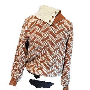 Vintage Mary Jane Denzer Textured Asymmetrical Cowl Neck Brown Cream Sweater Med